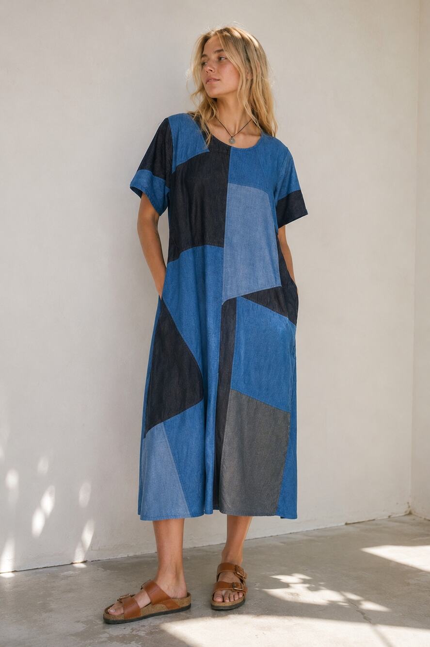 Uncle Frank Patchwork Denim Cotton Chambray Shift Dress M Cottagecore Prairecore